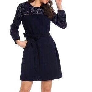 Gap Tie Waist Dress Women's Navy Modest Cotton Eyelet Long Sleeve Pullover  XS